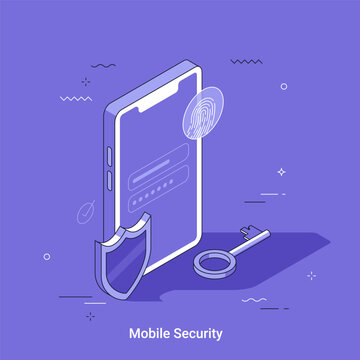 Mobile security concept with smartphone, fingerprint scan, shield, password interface, and privacy protection symbols in isometric vector illustration