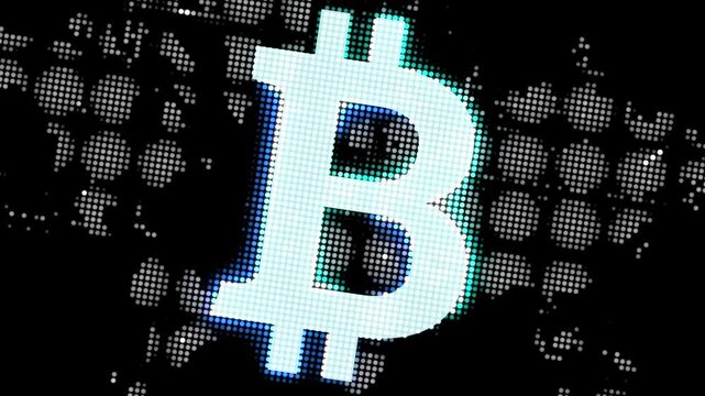 Stylized animation intro of bitcoin crypto currency symbol glow in small balls lights pattern
