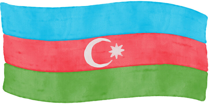 Hand drawn watercolor Azerbaijan flag with crescent and eight pointed star emblem handpainted watercolor illustration isolated on white background. Handmade national flag painting artwork.
