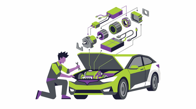 An auto mechanic working on an electric vehicle engine with a floating exploded-view 3D component diagram. Vibrant lime green and purple accents on a white background. Sharp geometric shapes.