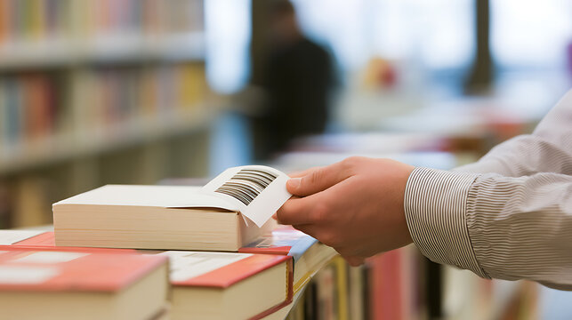 Close-up of a person hand applying a barcode label to a book in a library or bookstore setting, representing inventory management work