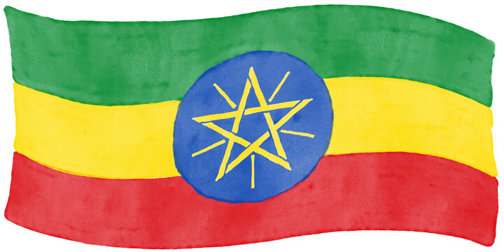 Hand drawn watercolor Ethiopia flag with pentagram star emblem on tricolor handpainted watercolor illustration isolated on white background. Handmade national flag painting artwork.