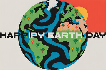 Fototapeta premium Happy earth day illustration with colorful globe and text illustration