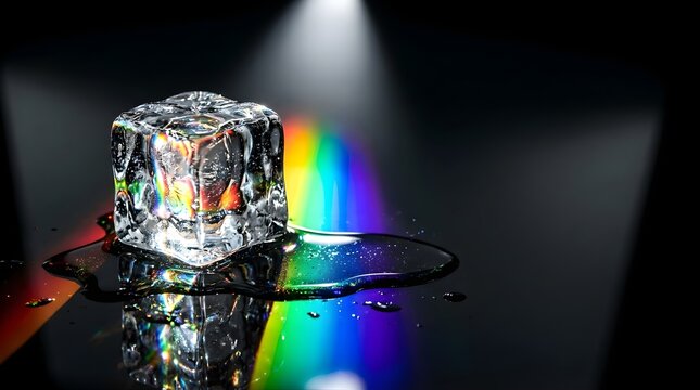 Melting ice cube with rainbow light refraction on black reflective surface