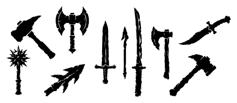 Medieval weapons set featuring sword axe mace and dagger in textured silhouette style