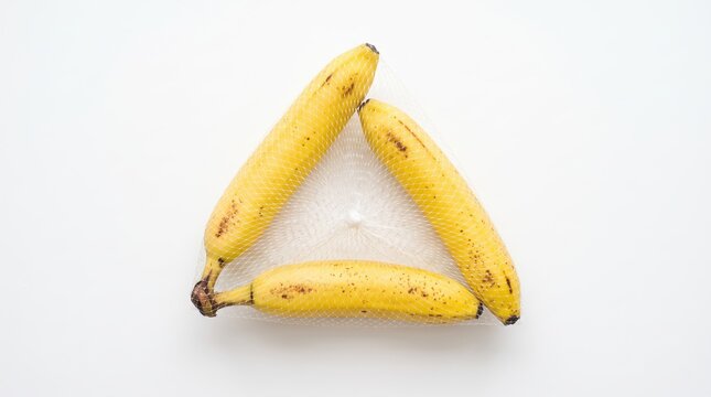 Three yellow bananas arranged in a triangle shape inside a white mesh net on a clean, creative food, fruit packaging design, healthy eating lifestyle, geometric composition