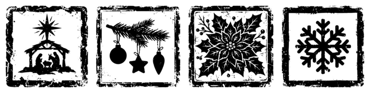 Christmas holiday elements set including nativity and snowflake in square distressed stamp style