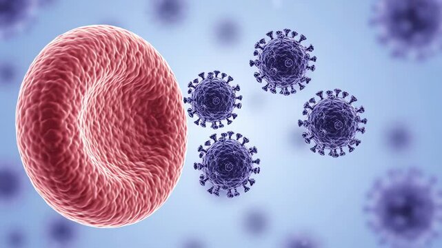 Blood-related cell with three identical spherical dengue virus particles slowly approaching its outer surface