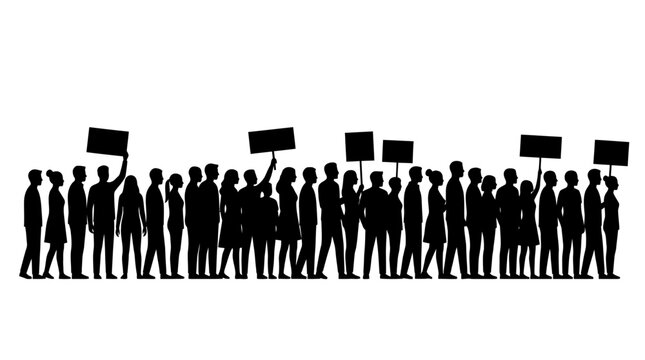 Crowd silhouette illustration featuring diverse people holding protest signs during a peaceful public activist demonstration rally