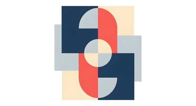Abstract geometric composition featuring colorful interlocking squares and circular segments on a plain white background