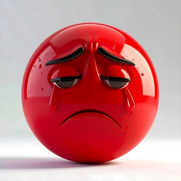 Red sphere with drooping eyes and tears. Glossy surface reflects soft, diffused lighting. Sad expression conveys deep disappointment or sorrow. Perfect for themes of loss, frustration