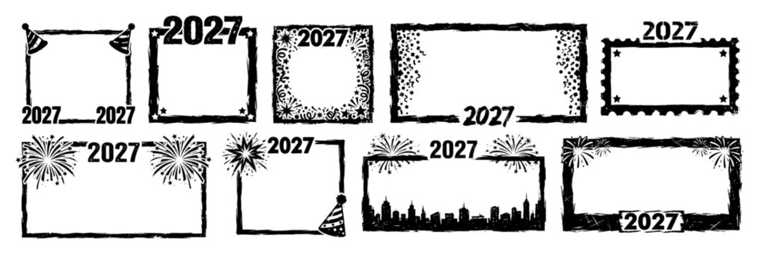 New Year 2027 celebration frames and borders set with fireworks in distressed stamp style