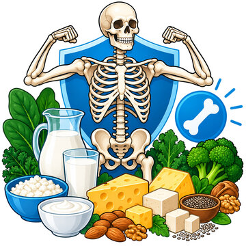 Skeleton flexing its arm muscles stands behind calcium rich foods like cheese, milk, broccoli, and nuts to promote bone health.
