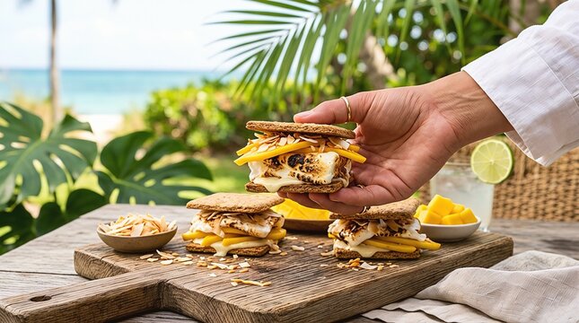 Hand holding s'more with graham crackers, toasted marshmallows, sliced fresh mango, and toasted coconut flakes