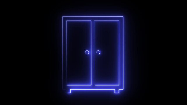 A blue neon-style outline of a two-door wardrobe or cupboard on a black background.