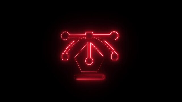 A glowing red neon icon of a graphic design pen tool with bezier curves.
