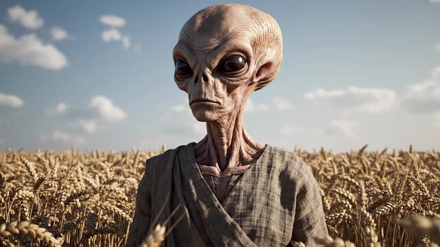 Alien encounter in wheat field under a partly cloudy sky outdoor