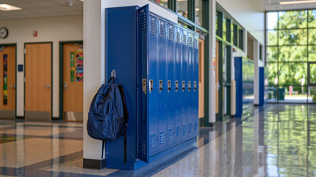 Single open empty blue metal locker along a bright nondescript high school hallway, clean modern interior, rows of simple lockers extending into the distance, polished floor, soft natural daylight, 