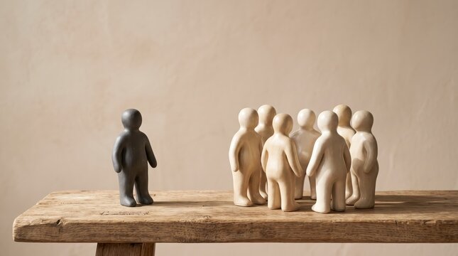 Conceptual image of a single dark figurine standing apart from a group of light wooden figures, representing leadership, individuality, isolation or nonconformity
