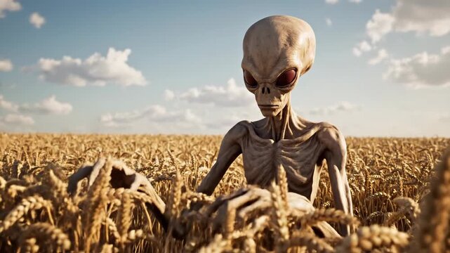 Alien figure standing in a wheat field under bright cloudy sky
