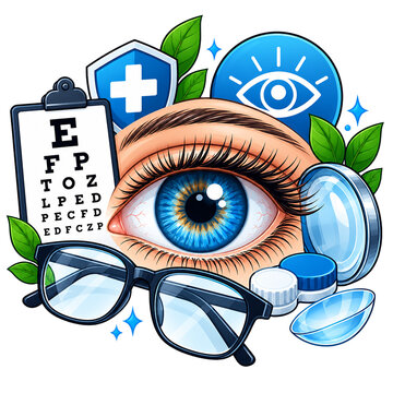 Human eye surrounded by prescription eyeglasses, an eye chart, contact lenses, and medical icons representing optometry and vision care.