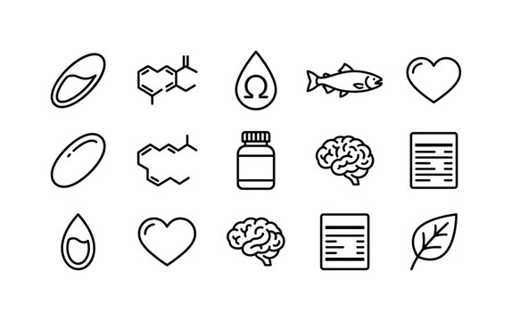 Omega Fatty Acids, line icon set featuring fish oil capsule, omega droplet, fish, supplement bottle, softgel capsule, molecular symbol, heart, brain, nutrition label icon, leaf, covering omega-3,