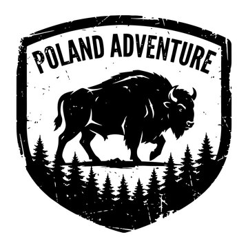 European bison and pine forest badge for Poland adventure in distressed vintage style