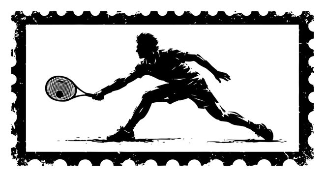 Tennis player hitting ball silhouette within distressed postage stamp frame in high contrast style