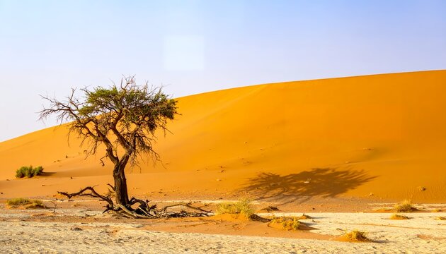 Solitary acacia tree standing against a massive orange sand dune in the Namib desert.