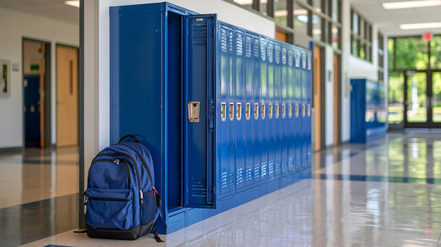 Single open empty blue metal locker along a bright nondescript high school hallway, clean modern interior, rows of simple lockers extending into the distance, polished floor, soft natural daylight, 
