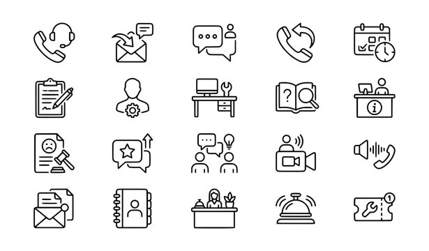 Contact Services and Customer Support Thin Line Outline Icon Set