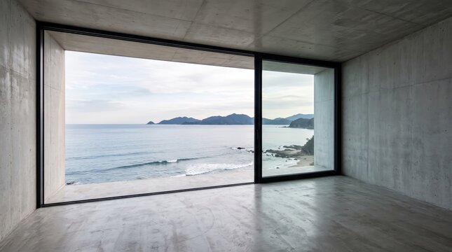Minimalist empty concrete room with large glass window overlooking ocean sea view and mountains, modern architecture interior, brutalism style, luxury villa design