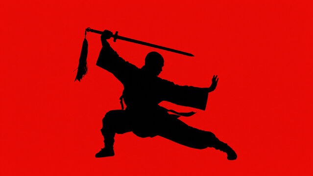 A bold black silhouette of a bald shaolin monk wielding a traditional straight sword in a low fighting stance over a red background, powerful martial arts, minimal creative header banner design.