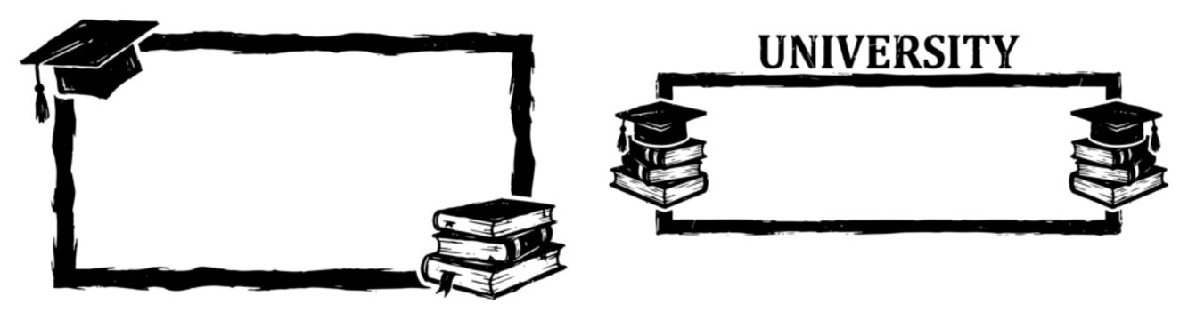 University themed rectangular borders with mortarboard and book stacks in distressed graphic style
