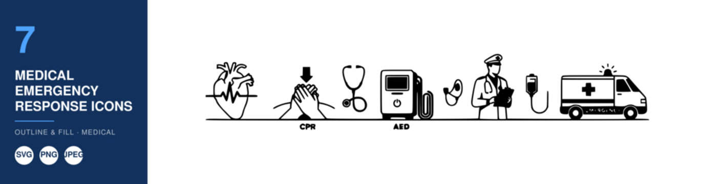 Medical Emergency Response Icons Set, Outline and Fill Style, Featuring Cpr, Aed, Ambulance, Stethoscope