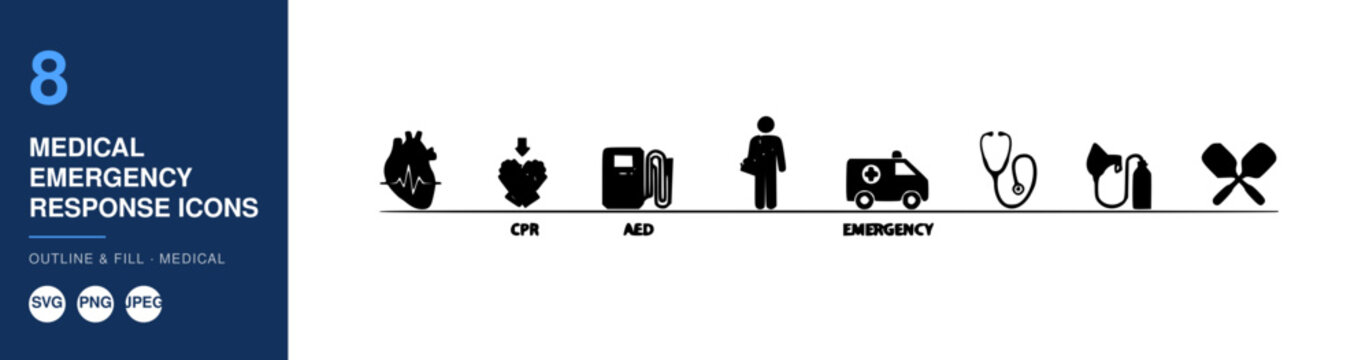 Medical Emergency Response Icons Set with Cpr, Aed, and Medical Symbols Featuring Healthcare, Symbol