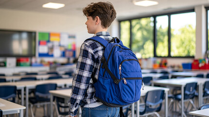 Obraz premium Rear view of a student with a blue backpack entering a bright contemporary classroom, face cropped outside the frame, rows of desks, educational materials and large windows in the background, clean 