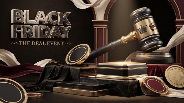 Black Friday shopping sale with luxury jewelry and gavel