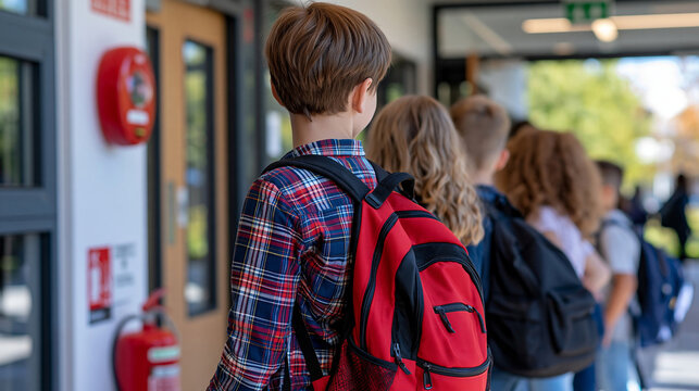 Rear view of children following a teacher during a fire safety drill beside a red wall mounted fire alarm, bright modern school corridor, cropped composition with faces completely outside the frame,