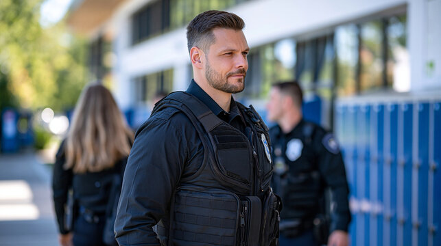 Rear view of police officers wearing protective vests and professional uniforms walking through a bright school hallway, rows of blue lockers lining both sides, cropped composition with faces comple