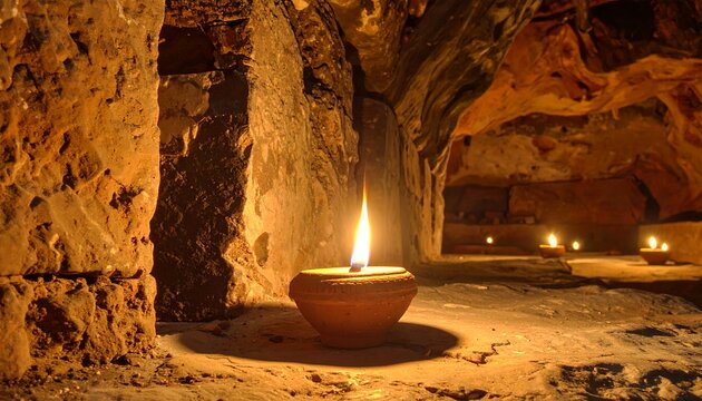Traditional clay oil lamp burning inside a dark ancient stone cave.