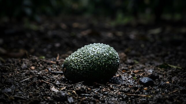 Fresh whole avocado with water droplets resting on dark moist soil