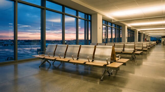 Empty Modern Airport Terminal Waiting Lounge with Large Windows Overlooking a Twilight Sunset Sky