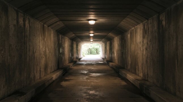 Long Concrete Underpass Tunnel Leading Toward Bright Daylight Exit with Industrial Lighting Fixtures Mounted on Ceiling