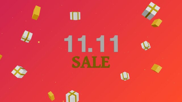 Premium seamless loop featuring bouncing 11.11 SALE typography, flying gift and hand bag, animated gradient.