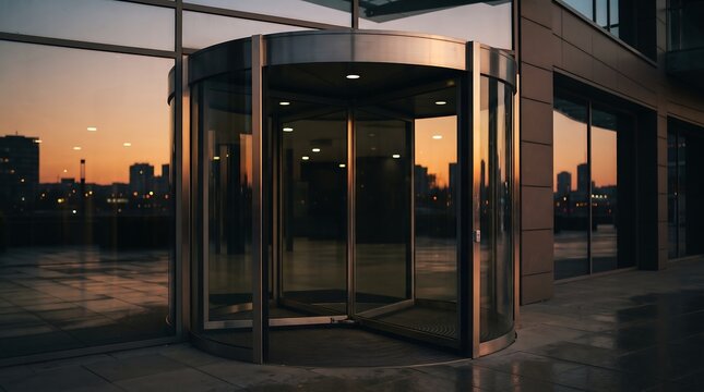 Modern Revolving Glass Door Entrance of an Office Building during a Beautiful Golden Sunset with City Skyline Background