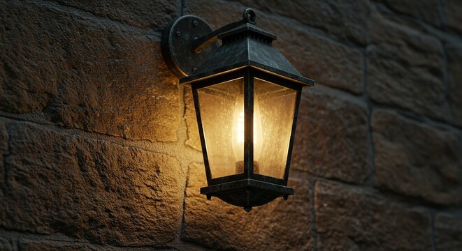 Vintage style outdoor wall lantern glowing on a textured stone wall.