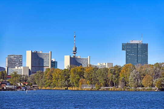 Vienna International Centre and Donauturm Tower Skyline at Alte Donau in Vienna, Austria