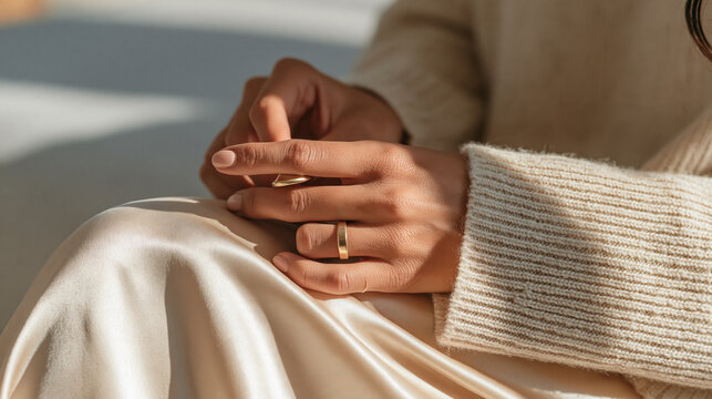 Close-up of a woman's fingers spinning a brass fidget ring slowly while she sits unseen from the neck down in a quiet therapy waiting room, ADHD coping object, fine motor stim
