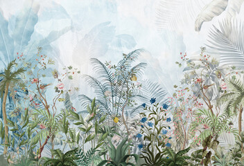 Soft Blue Tropical Botanical Wall Mural Design  © Door art